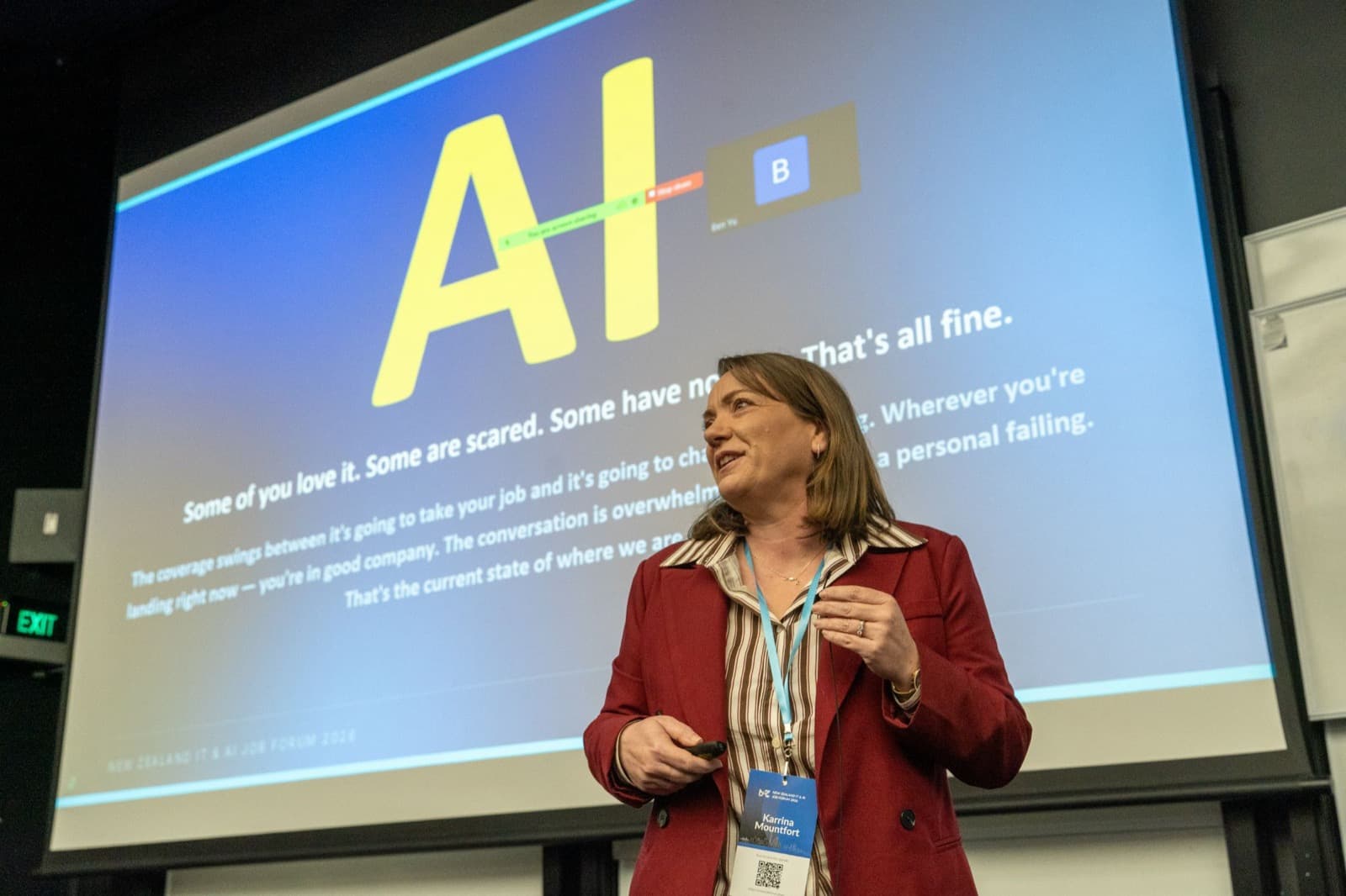 Karrina Mountfort presenting at the New Zealand IT & AI Job Forum, University of Auckland